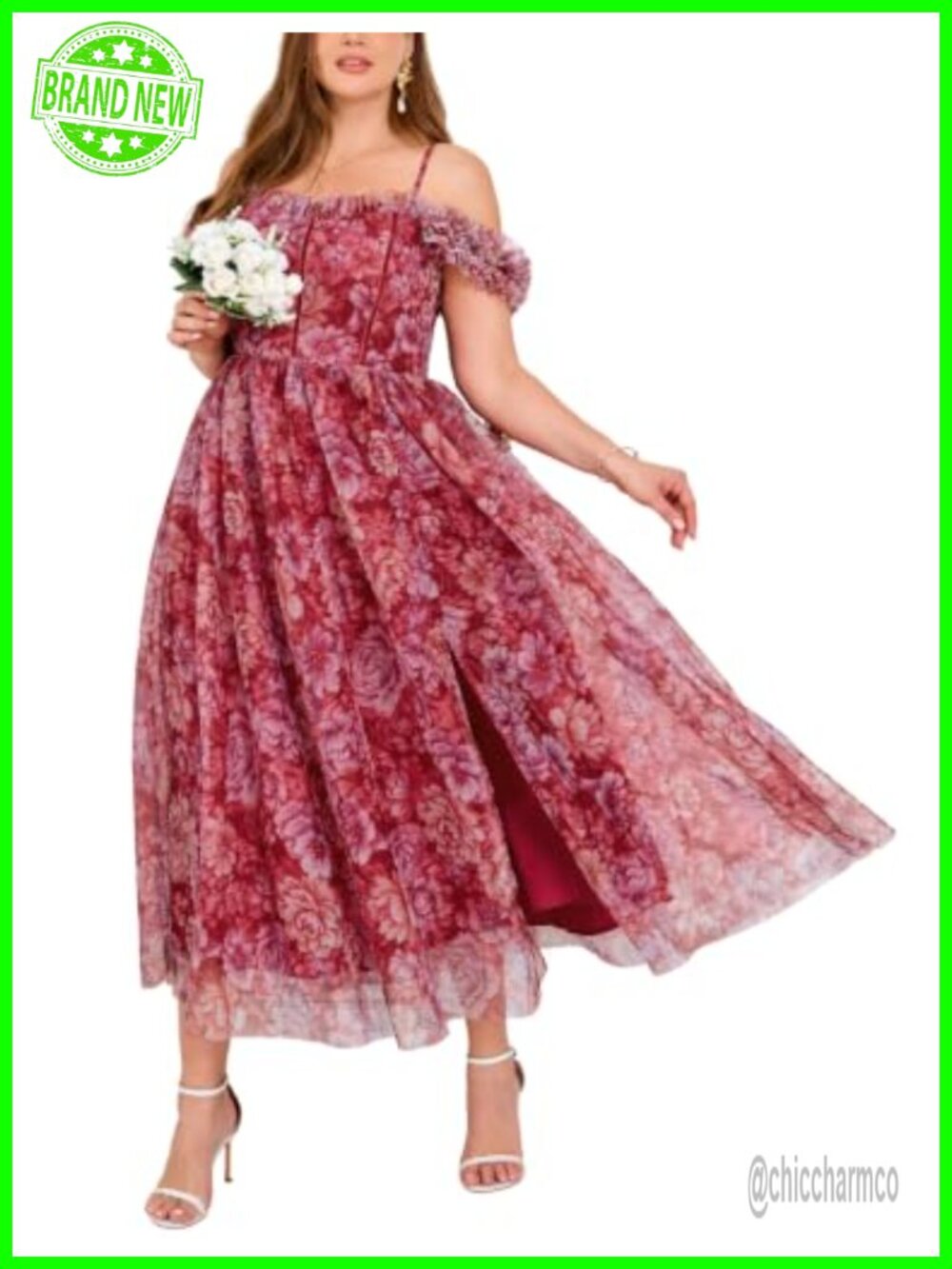 Plus Size Floral Tulle Sweetheart Midi Dress with Slit